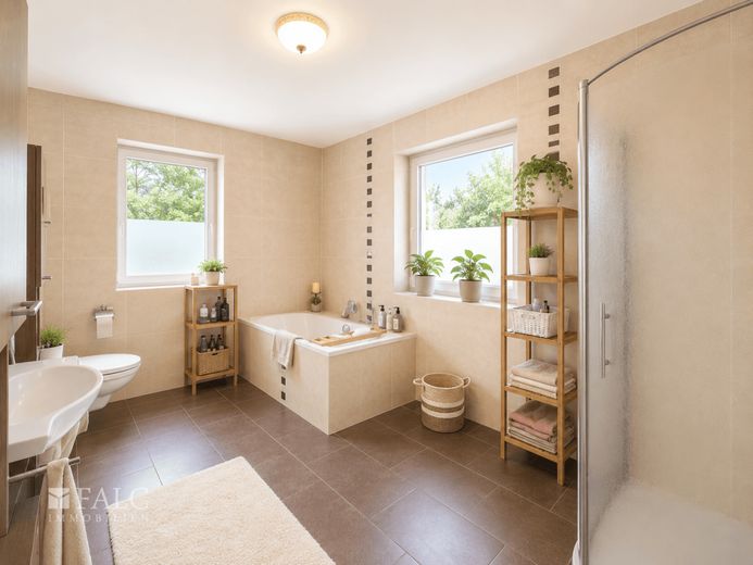 Großzügige Stadtvilla mit Pool und pflegeleichtem Parkgrundstück – Badezimmer