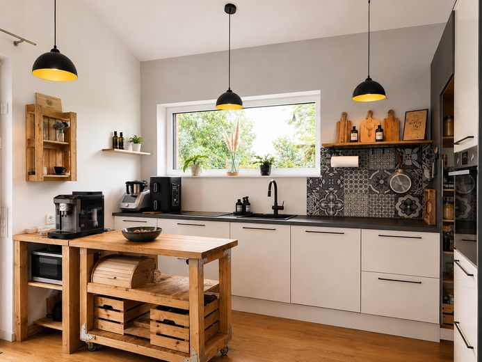 Bungalow de 4 habitaciones: el estilo de vida mediterráneo se combina con un confort residencial atemporal – Küche mit Einbauküche
