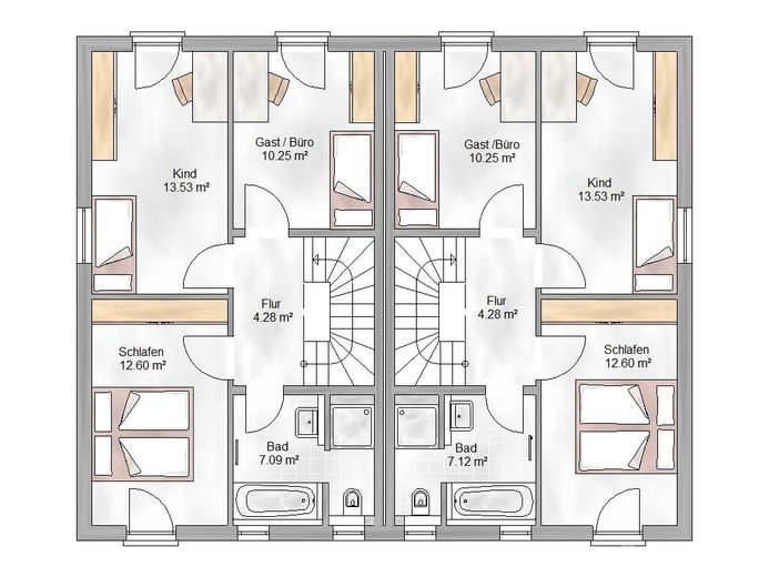 Doppelhaushälfte in Massivbauweise provisionsfrei vom Bauträger - Bezug in 2027 – Grundriss Obergeschoß - beide Seiten