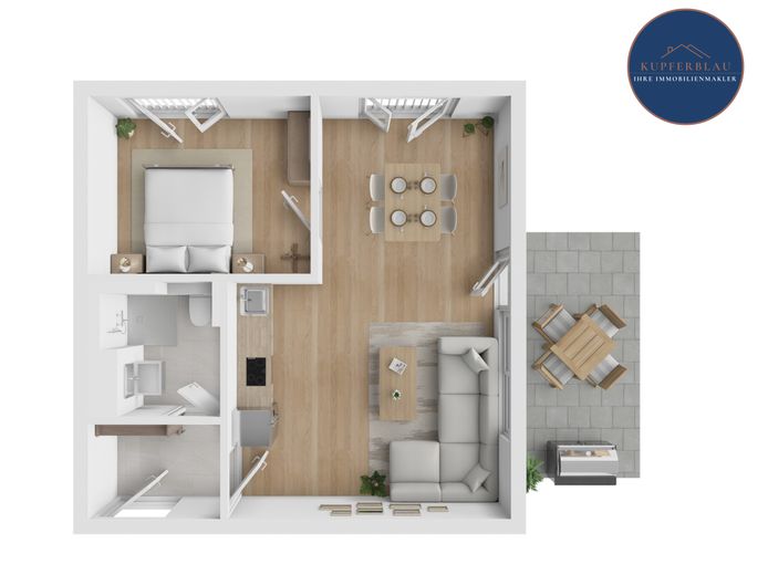 Moderne 2-Zimmer-EG-Eigentumswohnung mit Terrasse und Stellplatz in Bonn-Hochkreuz – Grundriss - visualisiert