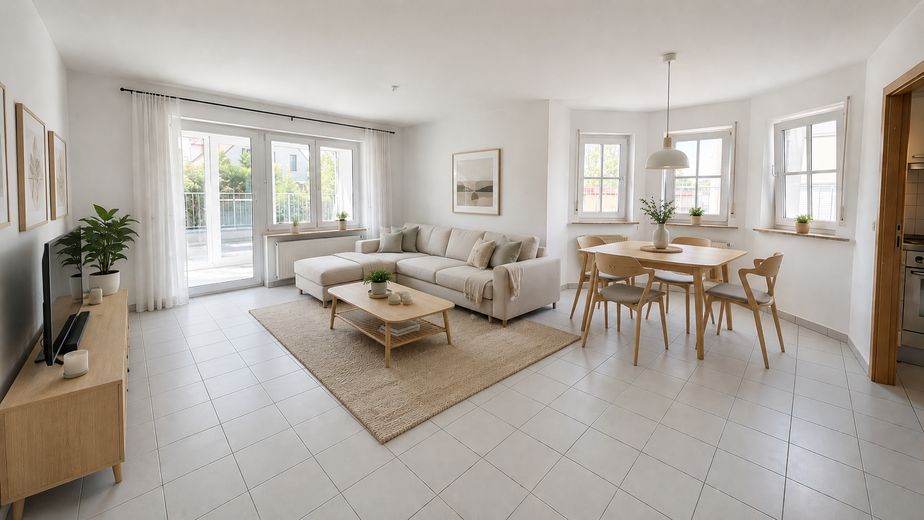 Appartamento di 3,5 locali. Piano terra, terrazza, posto auto + garage interrato. Privo di barriere, senza provvigione, da privato, senza agenzia – Wohnzimmer (mit KI möbliert)