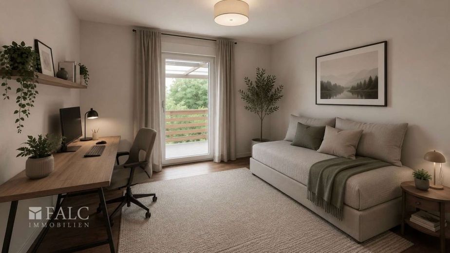 Familienhaus mit Gartenidylle sucht neue Ideen und frischen Glanz – KI gestagt Home office -Gästezimmer
