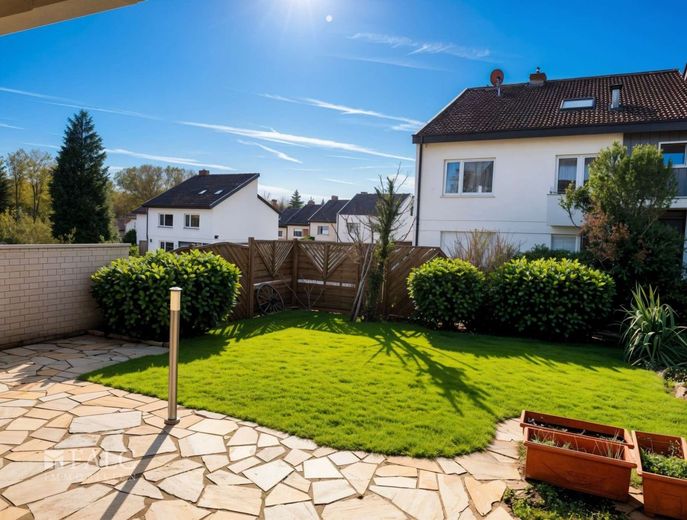 Garten-Wohnung im Reihen Endhaus, helle 3,5 Zimmer, Terrasse + Garage + Platz – Blick aus Wohnen - (KI generiert)