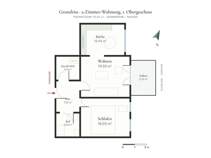 Barrier-free 2-room apartment with service living, elevator & balcony – new build 2024, A+, commission-free – Photo 12