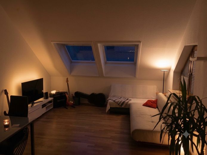 شقة علوية مشرقة من غرفتين في ميونخ-تروديرينغ – Wohnzimmer mit Dachfenstern