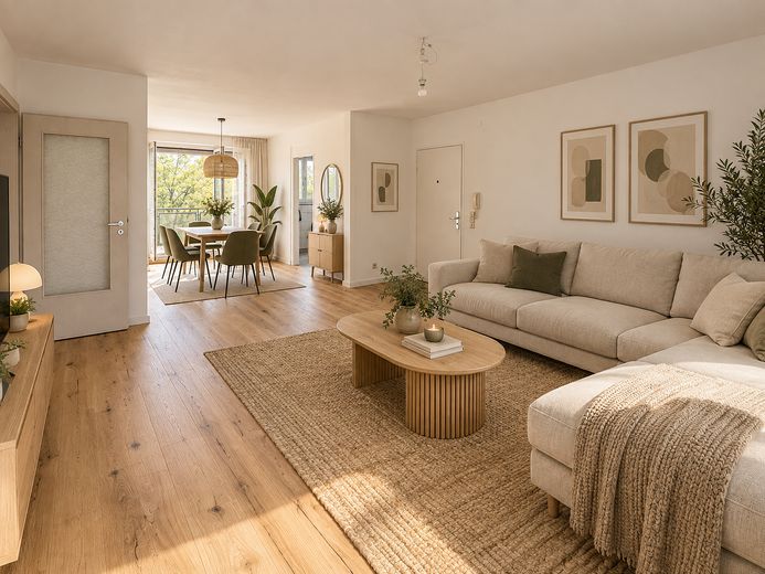 Modernisierte 3-Zimmer-Wohnung mit großem Westbalkon ins Grüne und TG – provisionsfrei – Einrichtungsbeispiel Wohnen