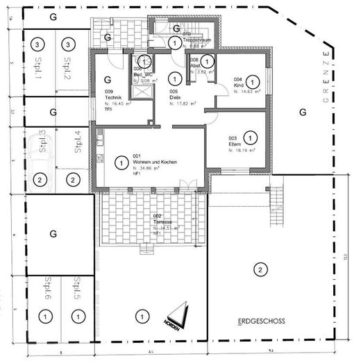 Hochwertig sanierte 3-Zimmer-EG-Wohnung mit Terrasse, Garten und 2 Stellplätzen – Grundriss EG (Nr. 1)