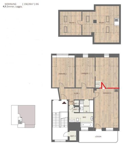 Elegante und große  Wohnung - Dachgeschoss - mit viel Platz – Linie rot (Wand kommt noch)