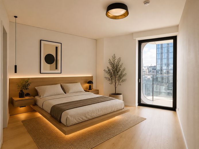 Elegante 4-kamer-eigenaarswoning in de Grand Tower – exclusief wonen boven de daken van Frankfurt – Schlafzimmer 1 mit Möbel KI