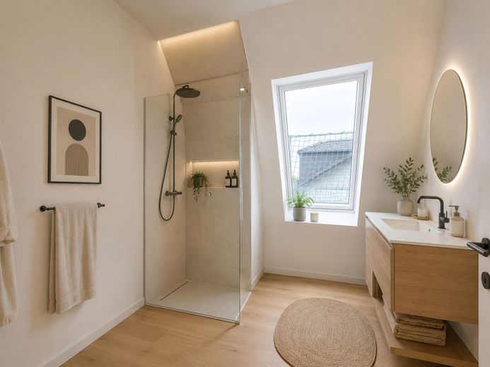 Neubau 2026: Exklusive DG-Wohnung mit 99 m² // 3,5 Zimmer // Loggia &amp; Aufzug in Glessen – KI: Stilvolle Badgestaltung für entspannte Momente (bpsh. visualisiert)