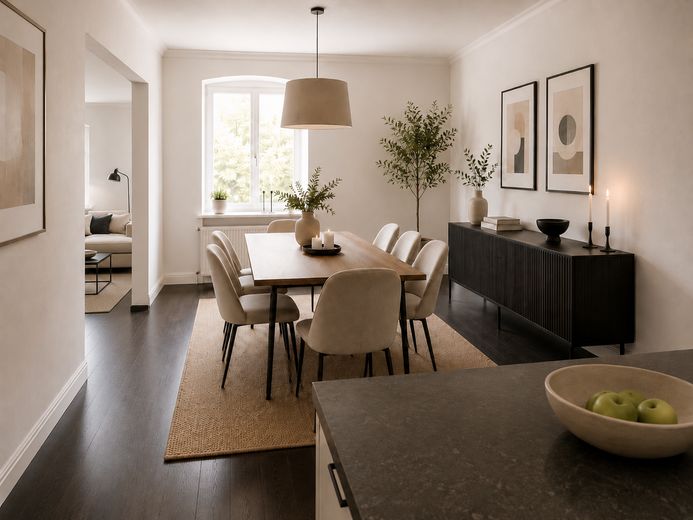 Exklusive, moderne Wohnung mit Dachterrasse offener Küche, Kamin und Stellplatz – Esszimmer mit Küchentheke
