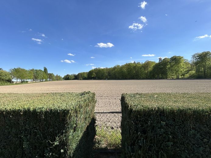 Blick Garten auf Ackerland