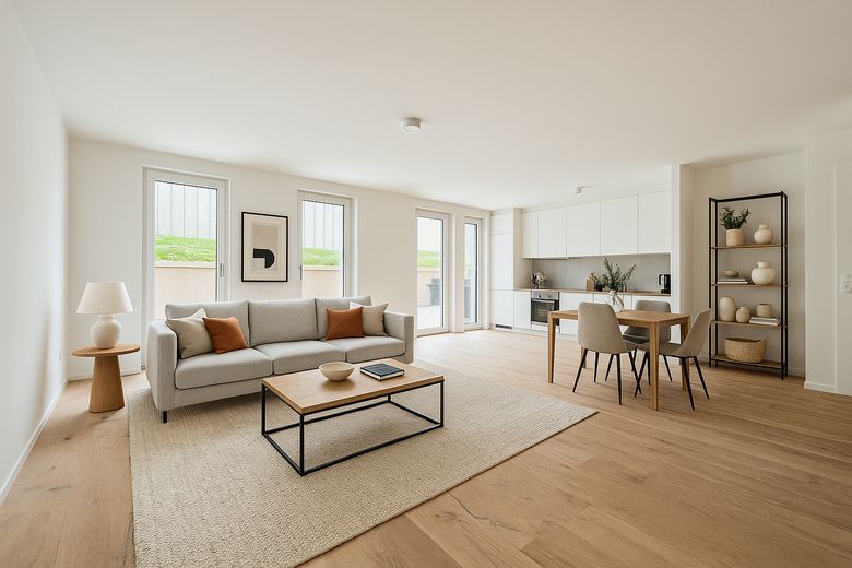Exklusive Maisonette - Mietwohnung im Erdgeschoss für Familien! – Wohnen / Küche (KI-Staging)