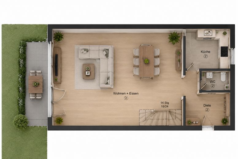 Großzügige 125 m² Maisonette im Bauhausstil – Loggia mit Weitblick – bezugsfrei ab sofort – Grundriss EG