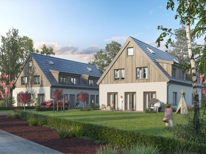 Almost finished: semi-detached house with garden & fireplace near Dresden – Visualisierung Hausansicht