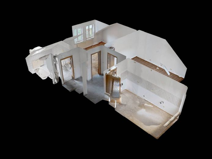 Büyük gün ışığı alan banyoya sahip, samimi 2 odalı çatı katı dairesi – 3D-Ansicht Grundriss