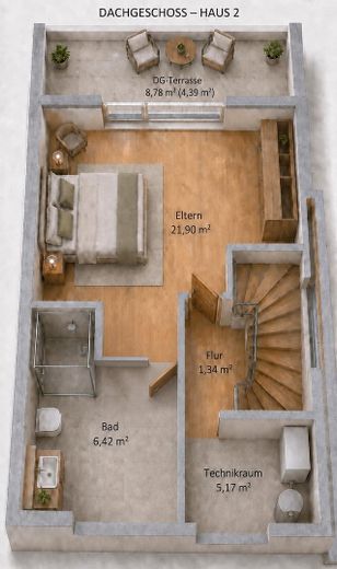 Casa a schiera di nuova costruzione a Nauheim: 143 m², 5 locali, pompa di calore, prima occupazione 2027 — senza provvigione – Dachgeschoss