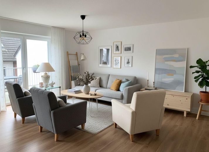 Jasne, w dużej mierze bezbarierowe mieszkanie własnościowe z balkonem i windą – Wohnzimmer -Einrichtung KI gen