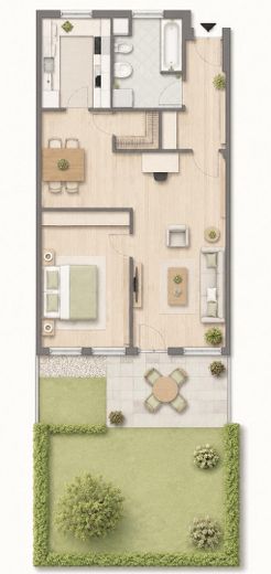 Große Terrasse! Stilvolle 2-Zi.-Garten-Whg m. EBK u. guter Infrastruktur - N/West – Grundriss Wohnung