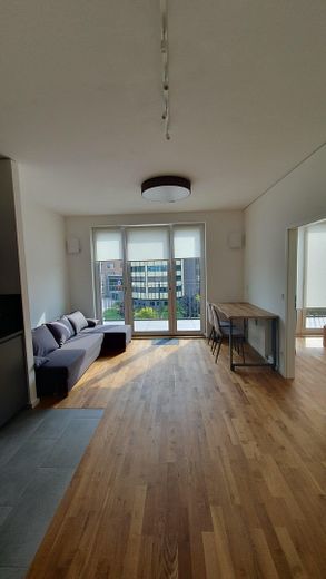 Hochwertige Neubauwohnung | Dachgeschoss | großer Südwestbalkon | voll möbliert – Wohnzimmer