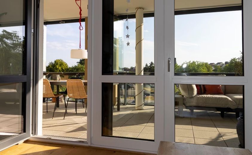 4-Zimmer-Wohnung mit XXL Loggia in Bestlage von Friedrichsdorf BJ 2023 – Wohnzimmer Blick Loggia