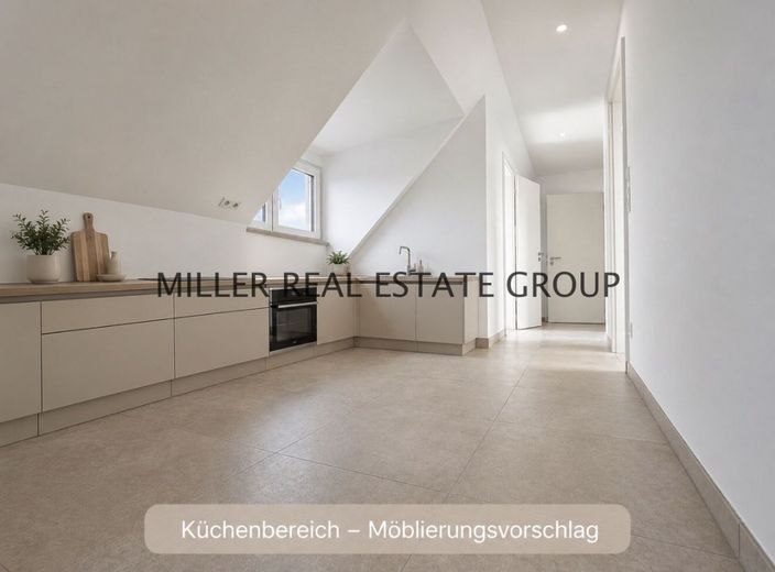 Exklusive Neubau-Dachgeschosswohnung in Ingolstadt-Unterhaunstadt - ca. 116 m², Erstbezug, KfW 55 &amp; zwei separat nutzbare Wohnbereiche! – Die dargestellte Küchenzeile ist ein unverbindlicher Gestaltungsvorschlag und nicht Bestandteil des Verkaufs, sofern im Exposé nicht ausdrücklich anders angegeben.