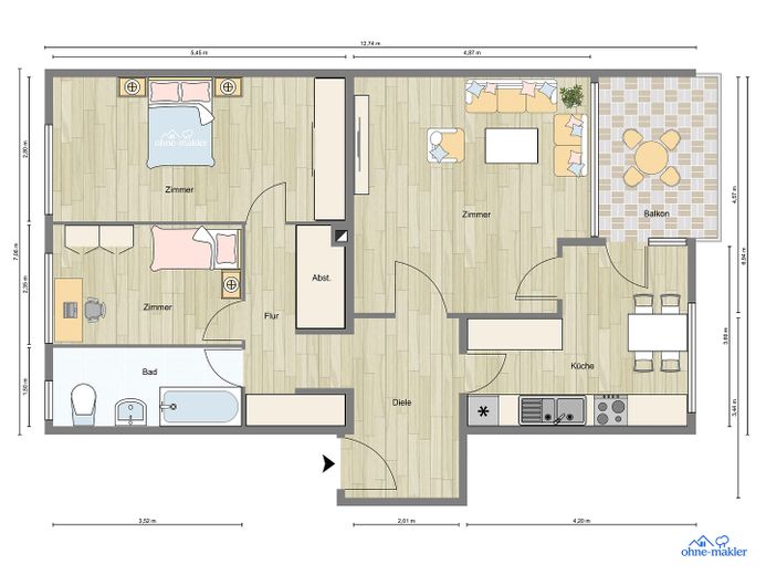Yaklaşık 77,90 m² büyüklüğünde, hemen taşınılabilir 2,5 odalı daire; doğrudan sahibinden ve komisyonsuz – Grundriss Designed