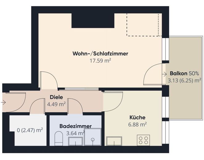 Gröpelingen | Vermietetes Ein-Zimmer Apartment mit Balkon und Fahrstuhl – S&amp;P | Grundriss Dachgeschoss