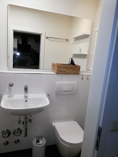 Appartement entièrement équipé, terrasse, jardin, place de stationnement – Waschbereich