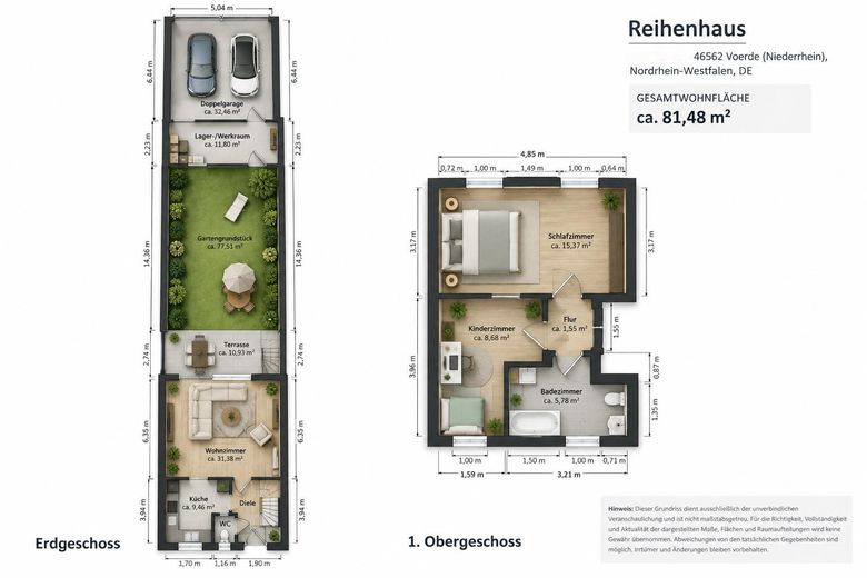 REIHENHAUS – DOPPELGARAGE – TERRASSE – GARTEN – RENOVIERUNGSBEDÜRFTIG – Grundriss EG & 1. OG