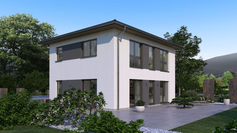 MODERNES WOHNHAUS MIT ELEGANTEM WALMDACH – Ansicht Garten