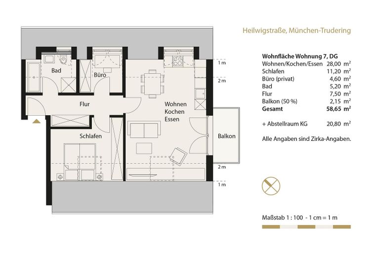First occupancy after complete renovation: Cozy 3-room attic apartment in Munich-Trudering - Unit 7 – Grundriss Wohnung