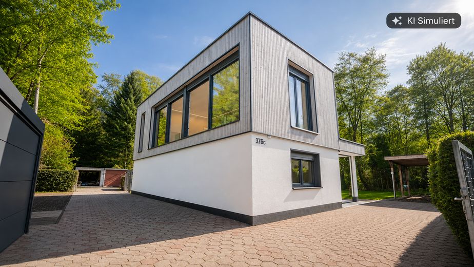 Freistehendes Designhaus am Wald | hochwertig modernisiert , einzugsbereit | 7 Stellplätze – KI_Fassade_final