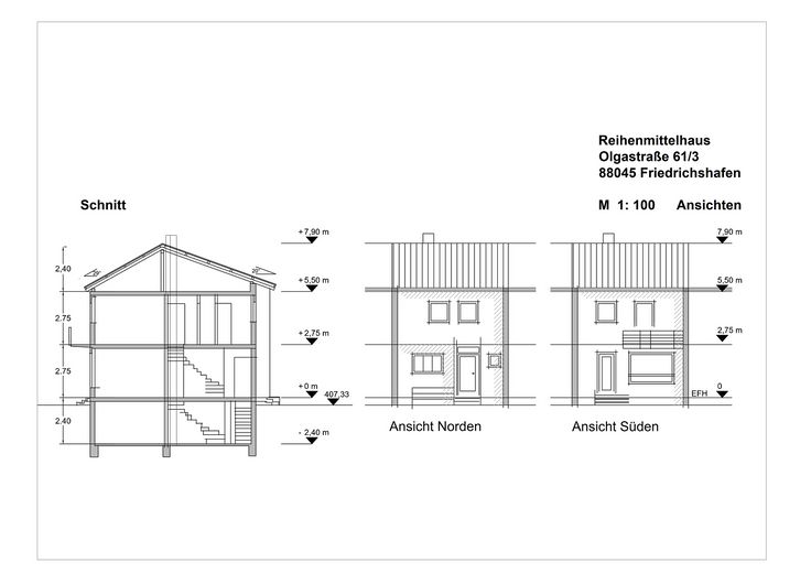 Reihenmittelhaus sehr zentral in Friedrichshafen 600 m vom Bodensee – Ansichten Schnitte