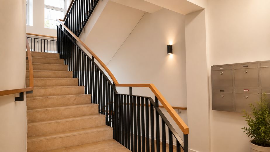 Exklusive 4-Zimmer-Residenz mit Südbalkon & Concierge im Gerling Quartier | Sofort bezugsfrei – Hauseingang & Treppenhaus
