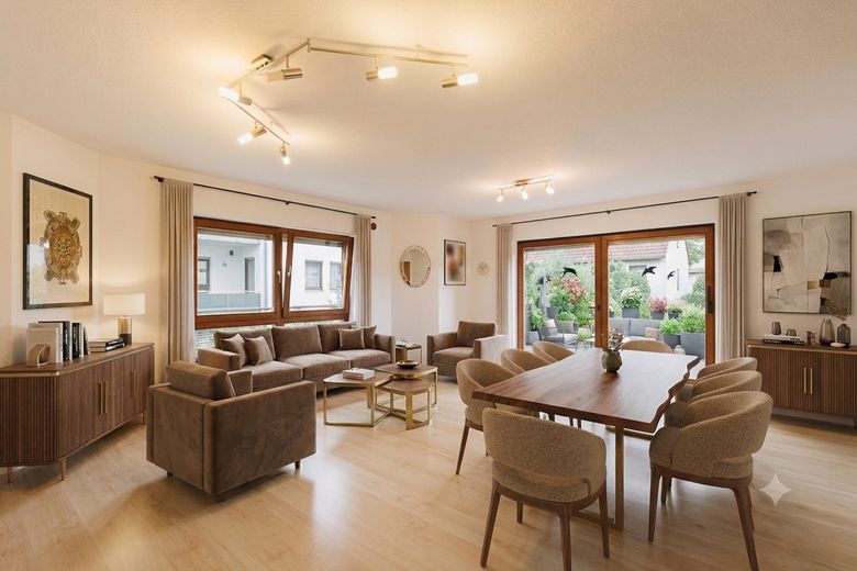 Steuerlich attraktive Kapitalanlage in Stammheim-Süd mit zuverlässigem Mieter (provisionsfrei) – Wohnzimmer (Möbel KI gen.)