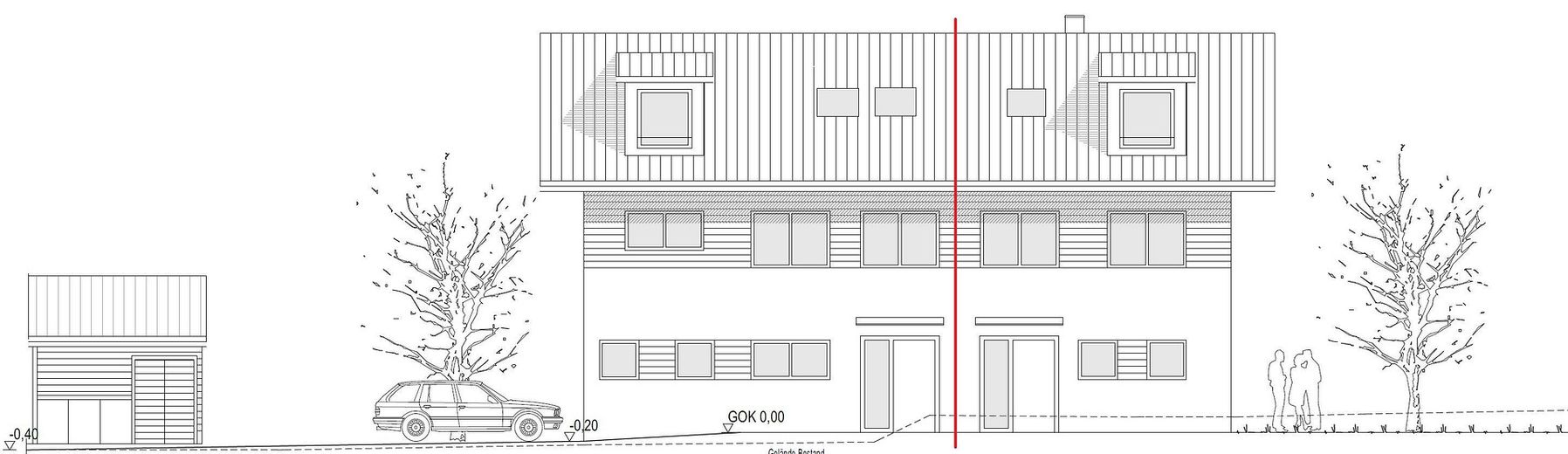 Doppelhaushälfte in Holzmassivbauweise – KfW 40 Plus, ca. 150 m², S/W-Garten & beheiztes KG – Ansicht Norden (DHH rechts)