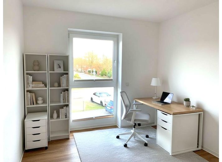 Jasne, w dużej mierze bezbarierowe mieszkanie własnościowe z balkonem i windą – Arbeitszimmer Einricht. KI gen