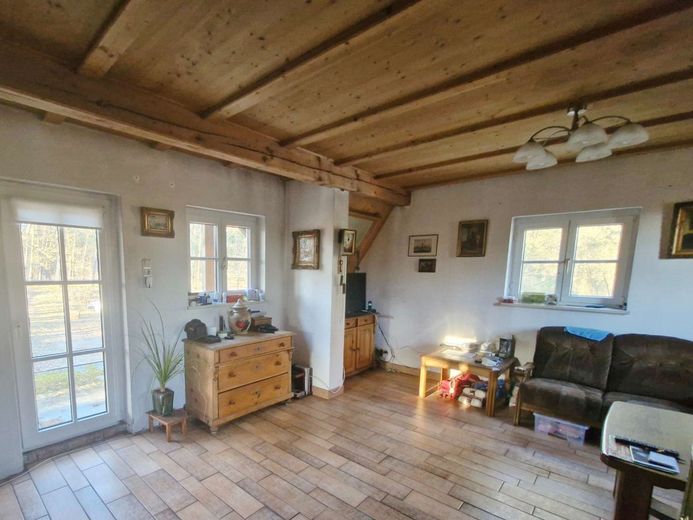Wohnen im eigenen 1,8‑Hektar‑Wald – Wohnbereich mit Glastür zur Terrasse OG