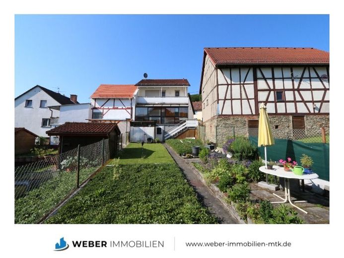 ++ ZWEI Häuser + EIN Preis +  Garten + DOPPEL-Garage + sofort FREI ++ – Blick vom Garten auf das Hinterhaus