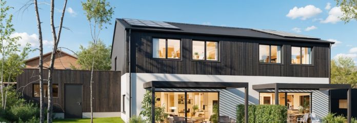 Ekolojik ahşap yapı tarzında yeni inşa edilmiş ikiz villa, çift garaj ve fotovoltaik sistem – Effizienzhaus 40