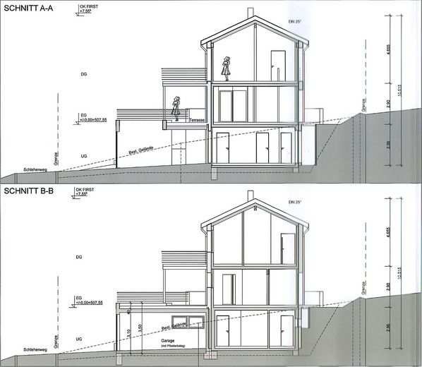 Casa unifamiliare indipendente in una posizione speciale ai margini dei campi, con ampie superfici terrazzate – Schnitt
