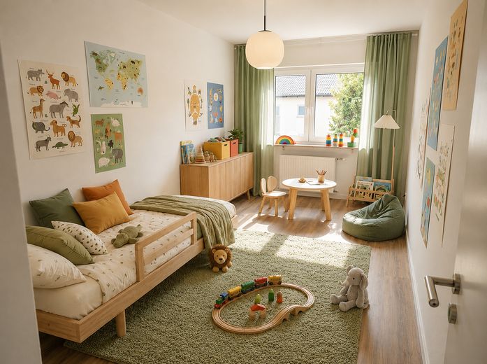 Ein Traum: Helle 3-Zimmer-Wohnung mit großem Balkon, Einbauküche und Garage – Visualisierung - Kinderzimmer