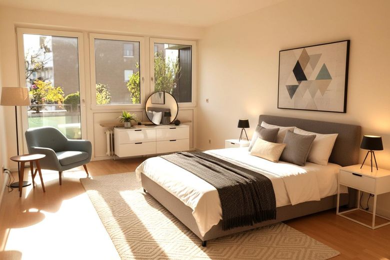 Hell, sonnig, ruhig und zentral - 2-Zimmer Wohnung im Herzen von Gröbenzell – Schlafzimmer KI-generiert