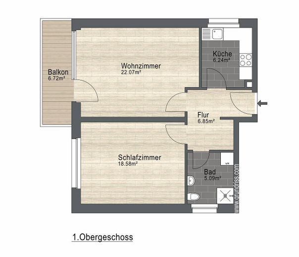 Emménagez immédiatement et sentez-vous chez vous – appartement de deux pièces avec cuisine et salle de bains, fraîchement rénové, à 26123 Oldenburg-Donnerschwee – Grundriss Wohnung