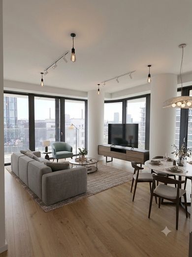 Luxuriöse 4 Zimmer Wohnung im Grand Tower Deutschlands höchstem Wohnturm – Wohnzimmer mit Möbel KI