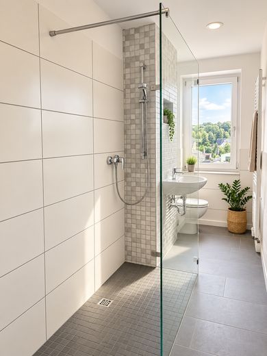 Abitare con ASCENSORE Appartamento ristrutturato di 2 locali con ampio balcone/doccia moderna/cucina integrata/accesso senza barriere – Referenzfoto Badezimmer Dusche