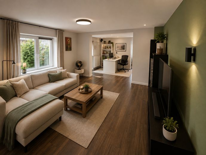 Casa bifamiliare centrale, ampio giardino consolidato, garage doppio, impianto fotovoltaico, senza provvigione – Wohnzimmer EG KI-visualisiert