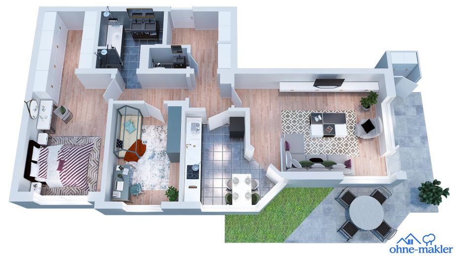 Geräumige 3 Zimmer Wohnung mit eigenem Garten und Garage – Grundriss (3D)
