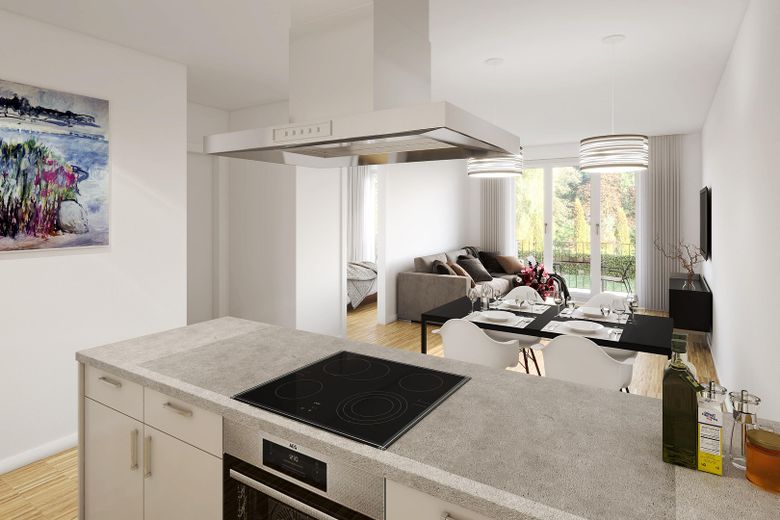 - Neuwertig -nach Erstbezug helle 2 Zimmer Wohnung - KfW 40+ , EBK, Balkon – Blick ins Wohnzimmer